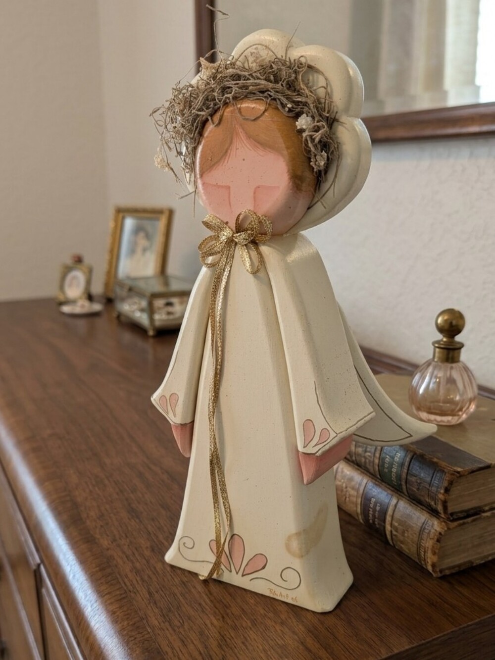 Vintage Handcrafted Cream Angel Figurine Gold Ribbon Bowtie Rusted Twig Crown